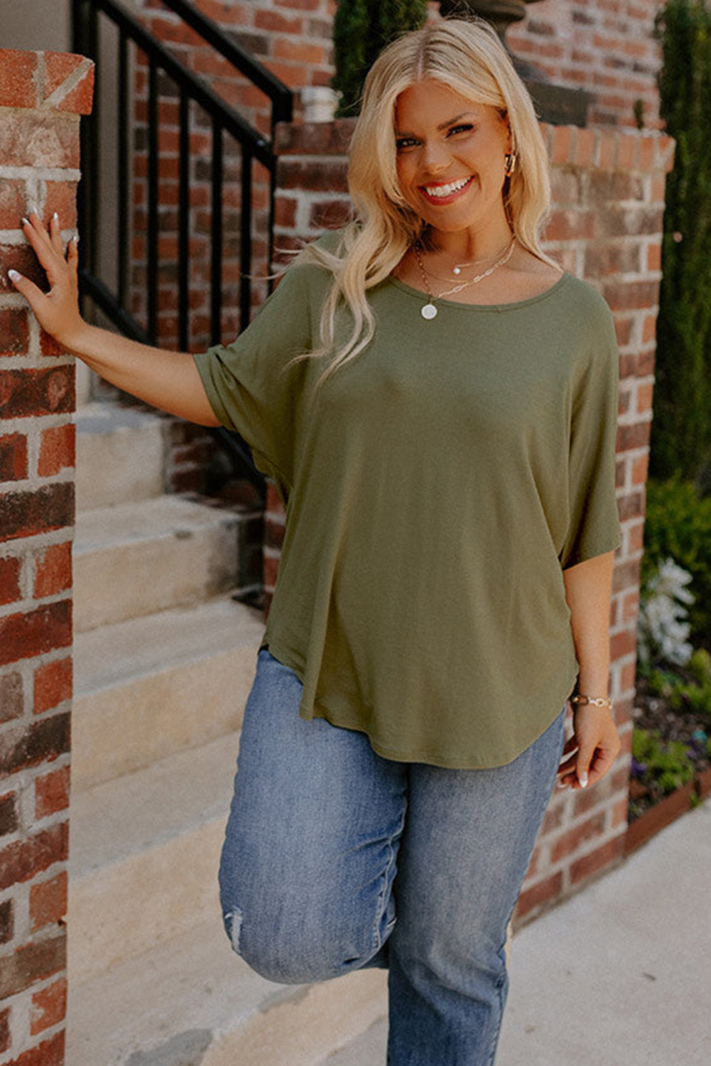Green Slouchy Tee with Hollow-Out Back, Plus Size